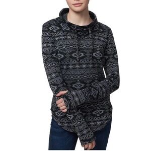 KAVU Skylar Shirt Women’s Large, cowl neck turtle neck black gray Aztec print
